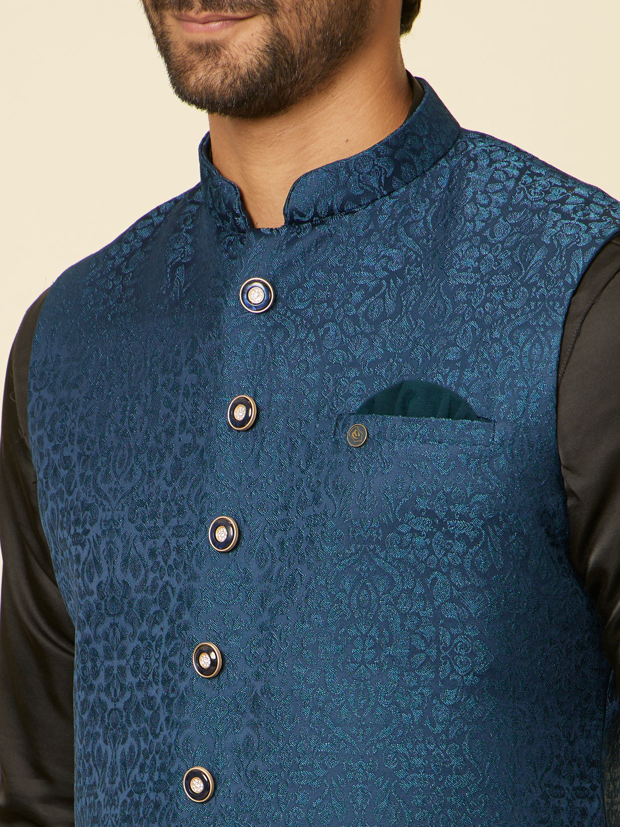 alt message - Manyavar Men Teal Blue Medallion Patterned Nehru Jacket image number 1